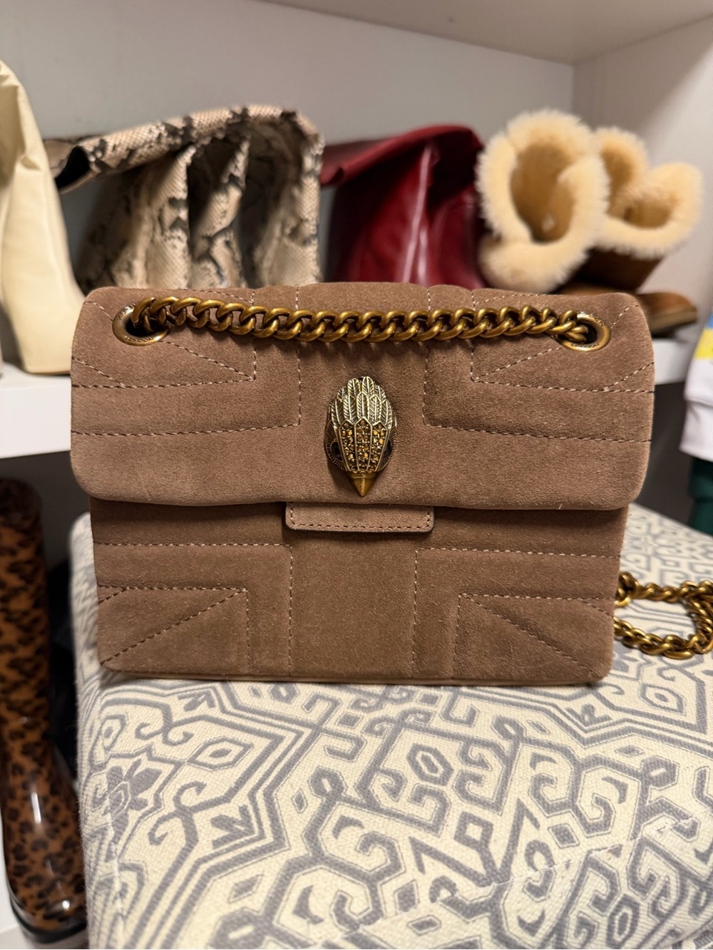 Kurt Geiger Taupe Suede Shoulder Bag with Gold Chain
